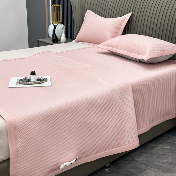 91家纺网 家纺一手货源 找家纺 瑞兴纺 2025新款高分子PE软凉席绣花款床单款 床单款-五朵金花-粉