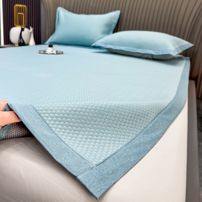 91家纺网 家纺一手货源 找家纺 瑞兴纺 2025新款高分子PE软凉席绣花款床单款 床单款-五朵金花-蓝