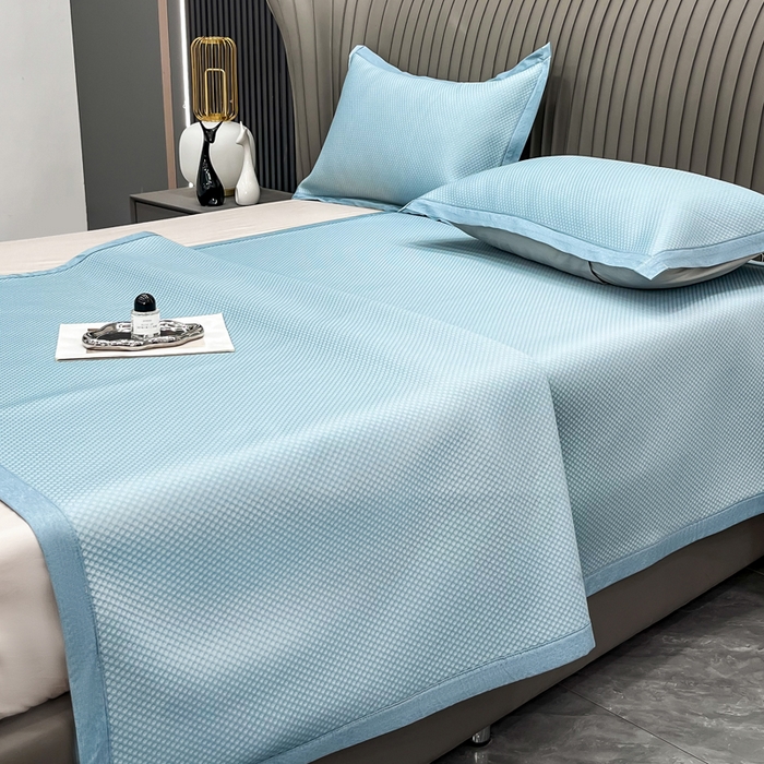 91家纺网 家纺一手货源 找家纺 瑞兴纺 2025新款高分子PE软凉席绣花款床单款 床单款-华夫格-蓝