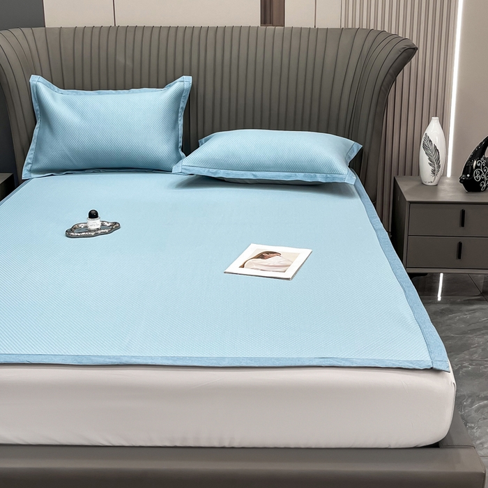 91家纺网 家纺一手货源 找家纺 瑞兴纺 2025新款高分子PE软凉席绣花款床单款 床单款-华夫格-蓝