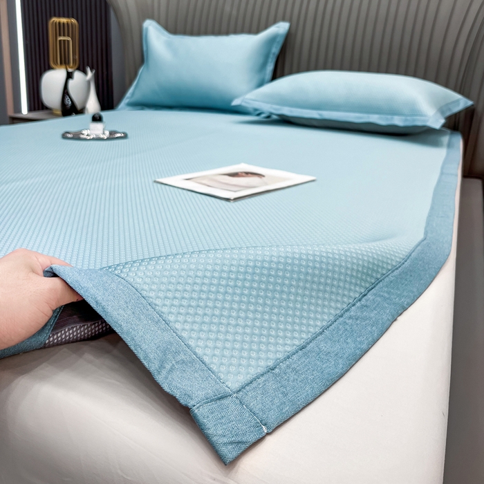 91家纺网 家纺一手货源 找家纺 瑞兴纺 2025新款高分子PE软凉席绣花款床单款 床单款-华夫格-蓝