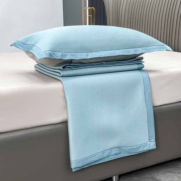 91家纺网 家纺一手货源 找家纺 瑞兴纺 2025新款高分子PE软凉席绣花款床单款 床单款-华夫格-蓝