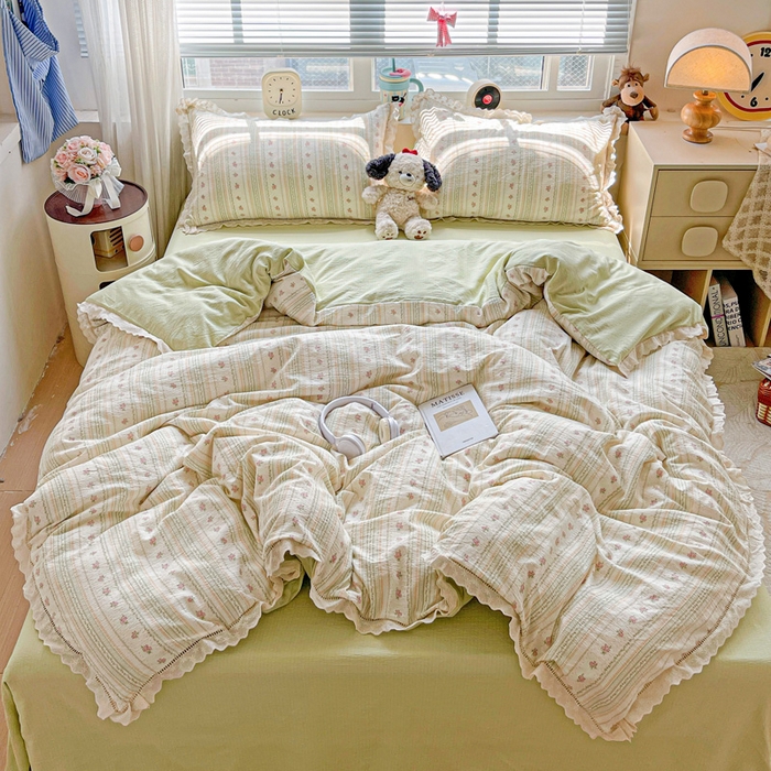 91家纺网 家纺一手货源 找家纺 （总）仟网汇 2025新款云感皱皱双层纱全棉花边四件套