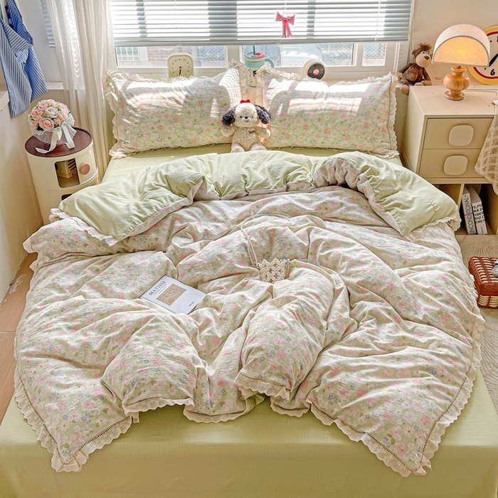 91家纺网 家纺一手货源 找家纺 （总）仟网汇 2025新款云感皱皱双层纱全棉花边四件套