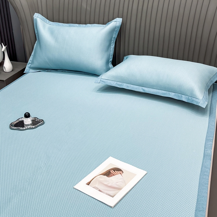 91家纺网 家纺一手货源 找家纺 瑞兴纺 2025新款高分子PE软凉席绣花款床单款 床单款-华夫格-蓝