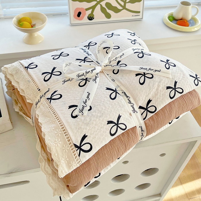 雨彤家纺 2025新款A类高克重云感皱皱双层纱全棉镂空花边款法式四件套-叠拍图 相伴-米