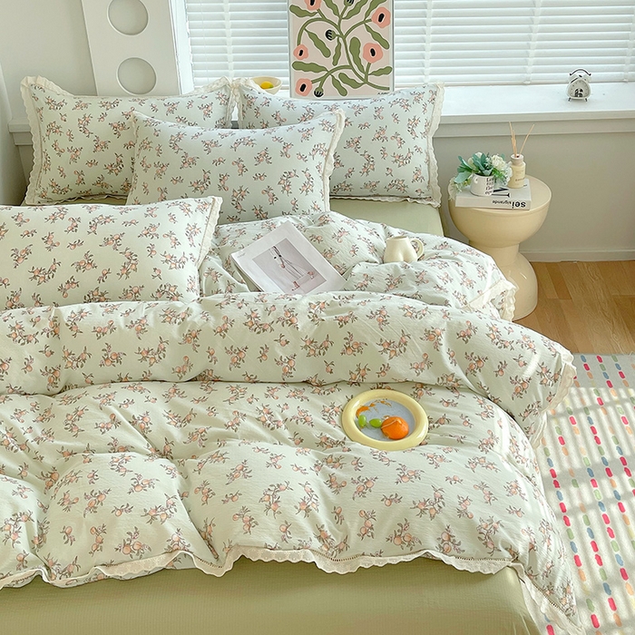 91家纺网 家纺一手货源 找家纺 雨彤家纺 2025新款A类高克重云感皱皱双层纱全棉镂空花边款法式四件套-床拍图 秋的果实