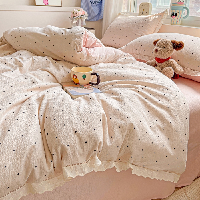 91家纺网 家纺一手货源 找家纺 仟网汇 2025新款云感皱皱双层纱全棉花边四件套 初恋