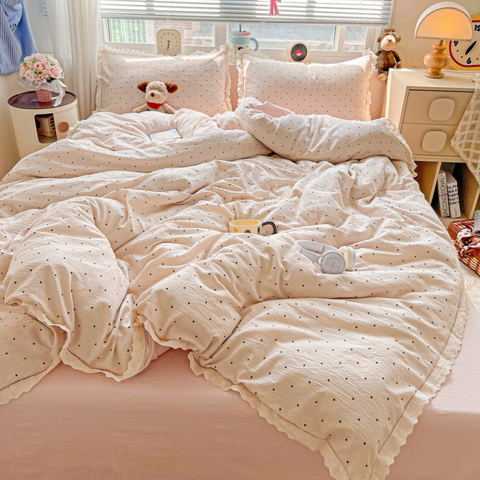 91家纺网 家纺一手货源 找家纺 仟网汇 2025新款云感皱皱双层纱全棉花边四件套 初恋