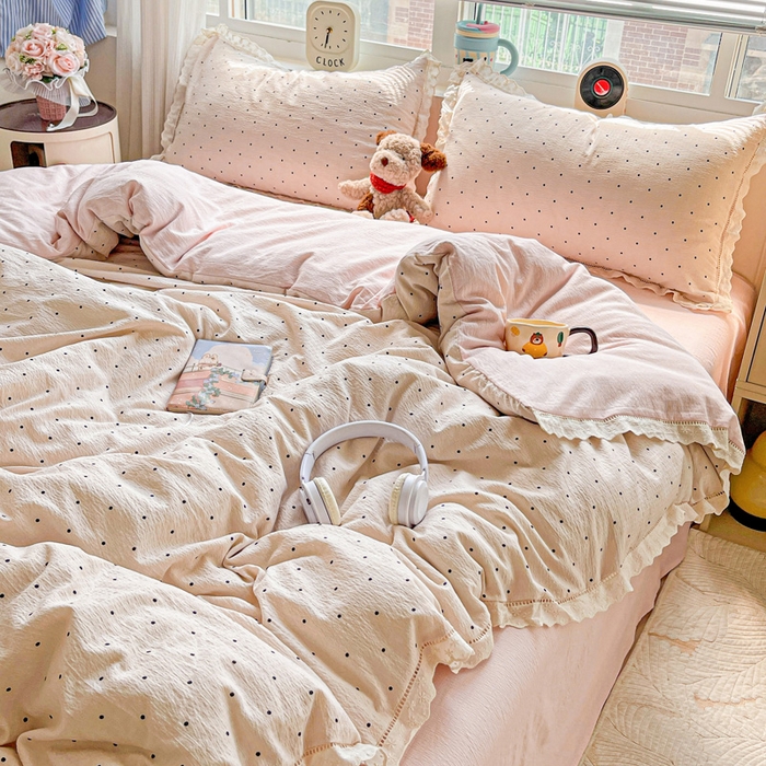 91家纺网 家纺一手货源 找家纺 仟网汇 2025新款云感皱皱双层纱全棉花边四件套 初恋