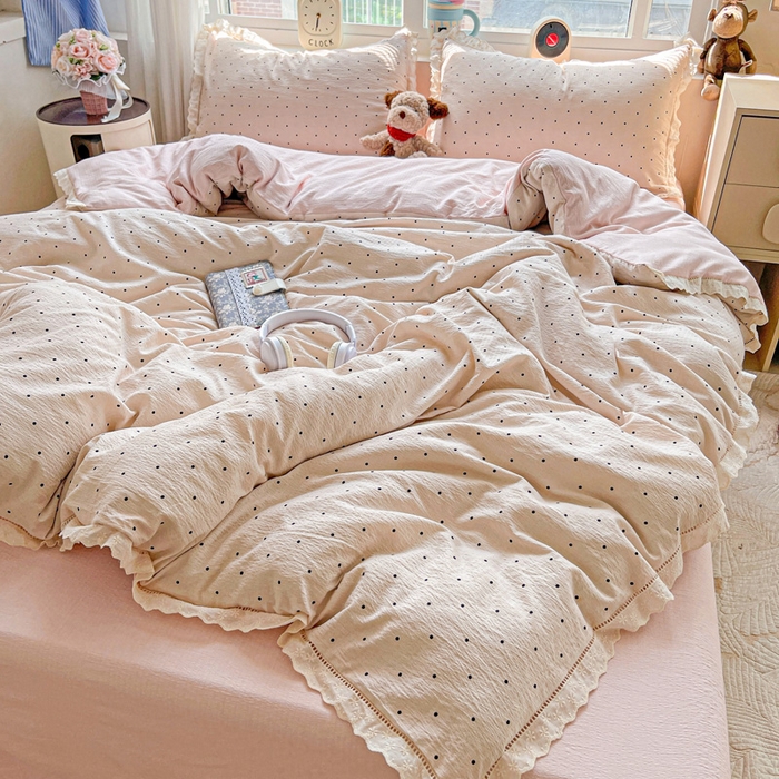 91家纺网 家纺一手货源 找家纺 仟网汇 2025新款云感皱皱双层纱全棉花边四件套 初恋