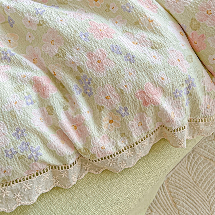 91家纺网 家纺一手货源 找家纺 仟网汇 2025新款云感皱皱双层纱全棉花边四件套 莱茵河畔