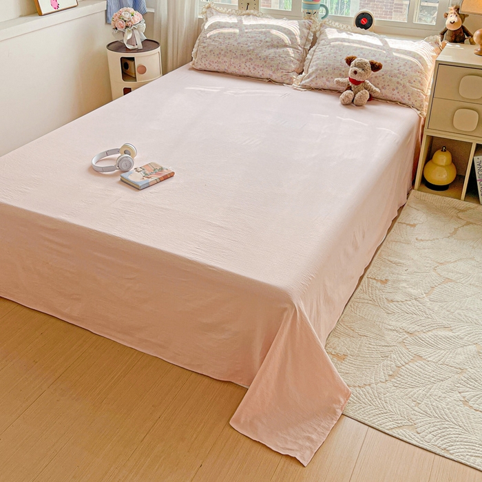 91家纺网 家纺一手货源 找家纺 仟网汇 2025新款云感皱皱双层纱全棉花边四件套 桃花诺