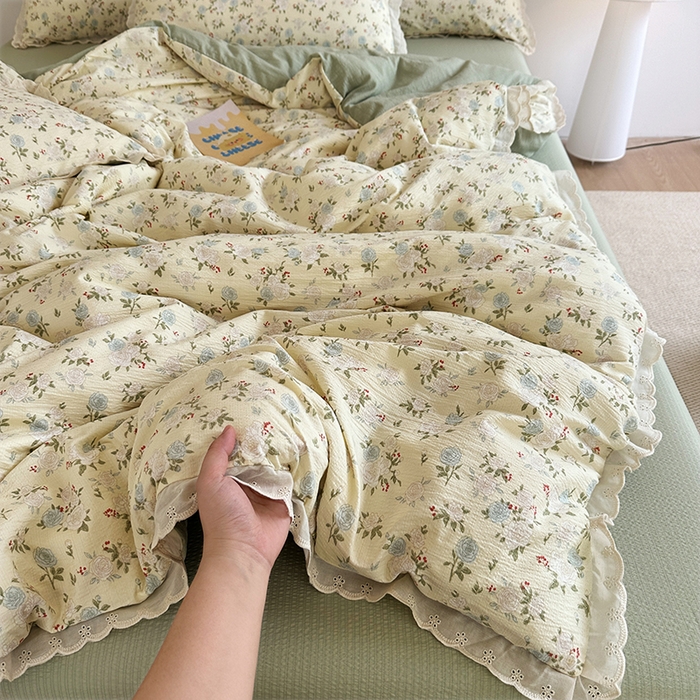 91家纺网 家纺一手货源 找家纺 （总）斯卡诺家纺 2025新款纯棉花边双层纱夏被四件套水洗棉夏被四件套