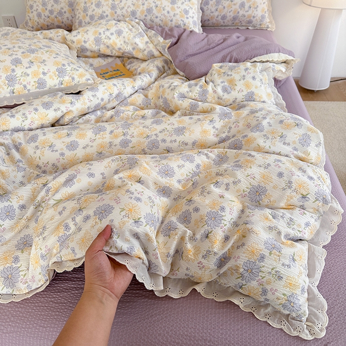 91家纺网 家纺一手货源 找家纺 （总）斯卡诺家纺 2025新款纯棉花边双层纱夏被四件套水洗棉夏被四件套