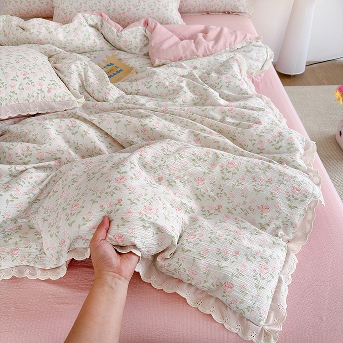 91家纺网 家纺一手货源 找家纺 （总）斯卡诺家纺 2025新款纯棉花边双层纱夏被四件套水洗棉夏被四件套