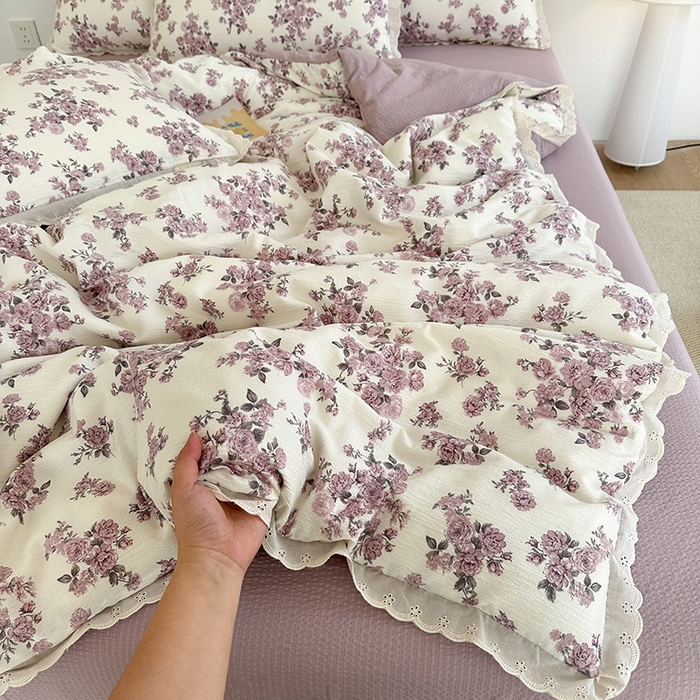 91家纺网 家纺一手货源 找家纺 （总）斯卡诺家纺 2025新款纯棉花边双层纱夏被四件套水洗棉夏被四件套