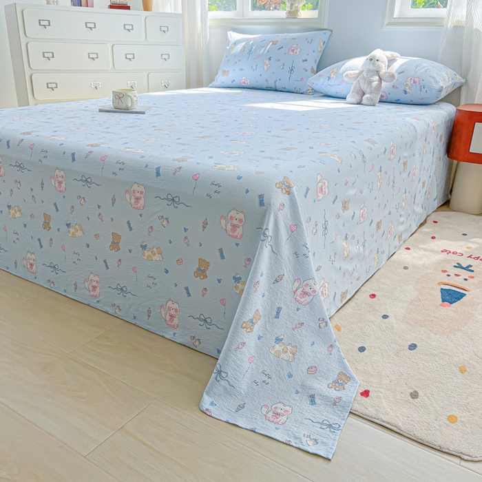 91家纺网 家纺一手货源 找家纺 罗亿家纺 2025新款云感双层纱碎花床单 小猫时光-蓝