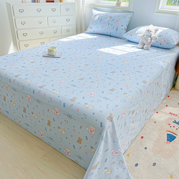 91家纺网 家纺一手货源 找家纺 罗亿家纺 2025新款云感双层纱碎花床单 小猫时光-蓝