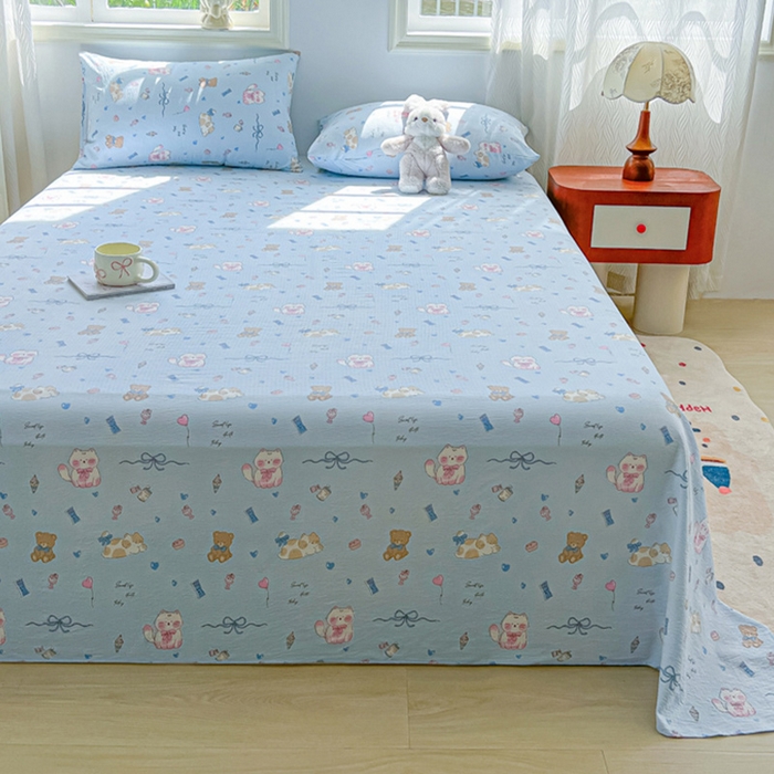 91家纺网 家纺一手货源 找家纺 罗亿家纺 2025新款云感双层纱碎花床单 小猫时光-蓝