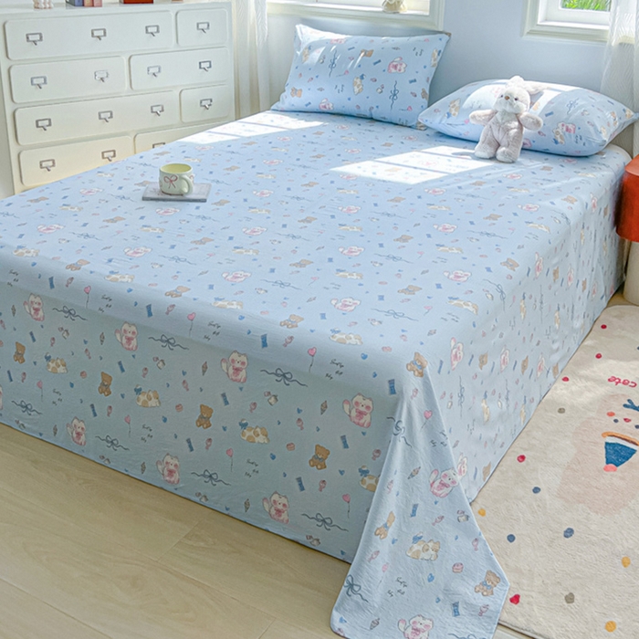 91家纺网 家纺一手货源 找家纺 罗亿家纺 2025新款云感双层纱碎花床单 小猫时光-蓝