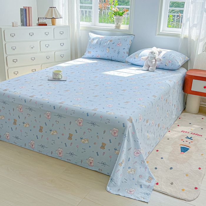 91家纺网 家纺一手货源 找家纺 罗亿家纺 2025新款云感双层纱碎花床单 小猫时光-蓝