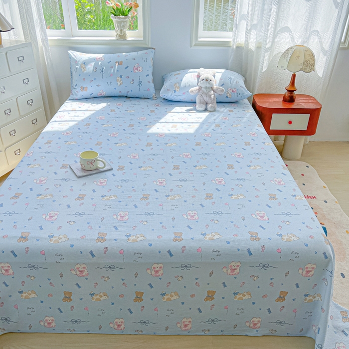 91家纺网 家纺一手货源 找家纺 罗亿家纺 2025新款云感双层纱碎花床单 小猫时光-蓝