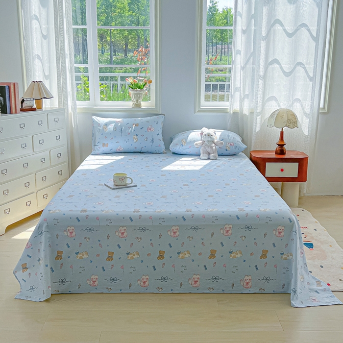 91家纺网 家纺一手货源 找家纺 罗亿家纺 2025新款云感双层纱碎花床单 小猫时光-蓝