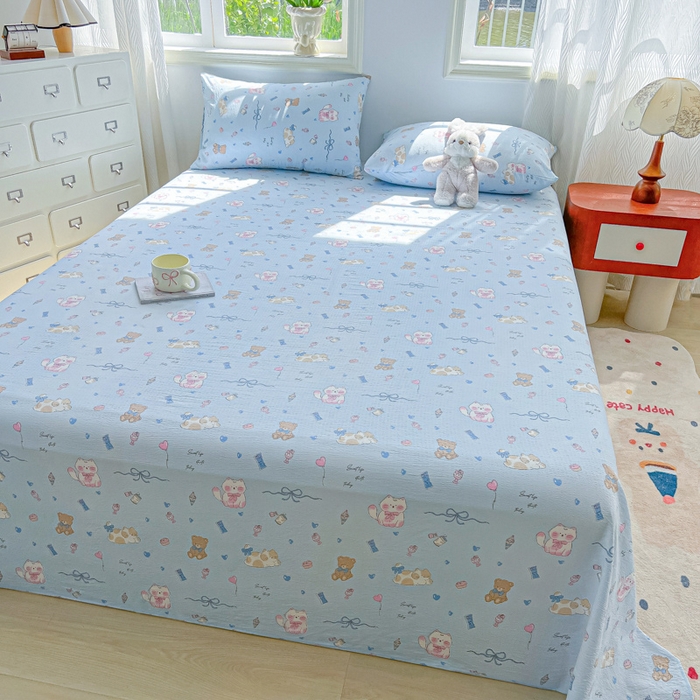 91家纺网 家纺一手货源 找家纺 罗亿家纺 2025新款云感双层纱碎花床单 小猫时光-蓝