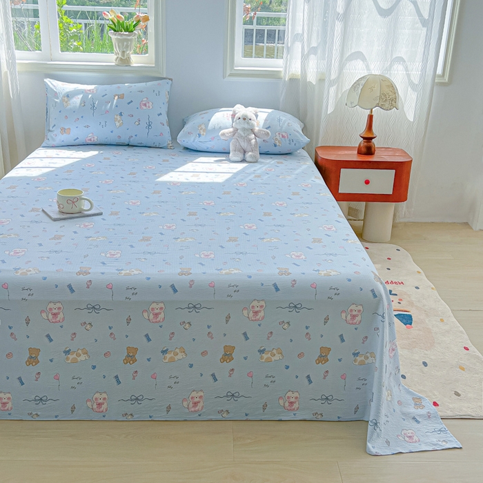 91家纺网 家纺一手货源 找家纺 罗亿家纺 2025新款云感双层纱碎花床单 小猫时光-蓝