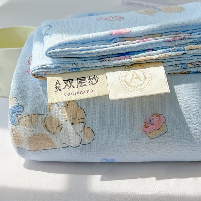 91家纺网 家纺一手货源 找家纺 罗亿家纺 2025新款云感双层纱碎花床单 小猫时光-蓝