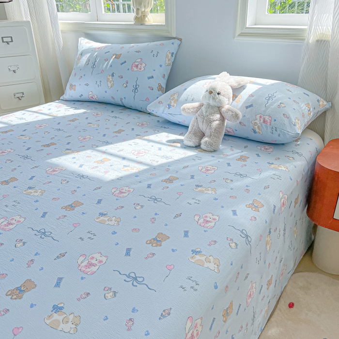 91家纺网 家纺一手货源 找家纺 罗亿家纺 2025新款云感双层纱碎花床单 小猫时光-蓝