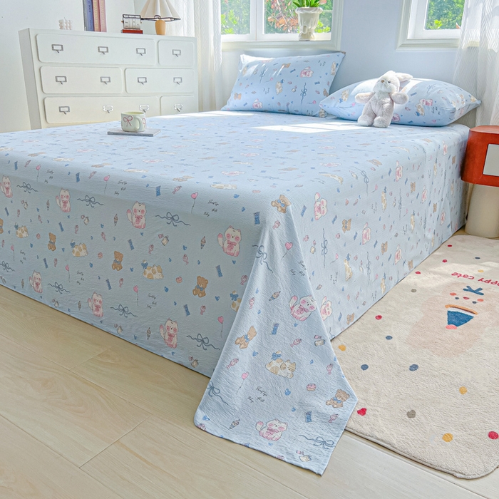 91家纺网 家纺一手货源 找家纺 罗亿家纺 2025新款云感双层纱碎花床单 小猫时光-蓝