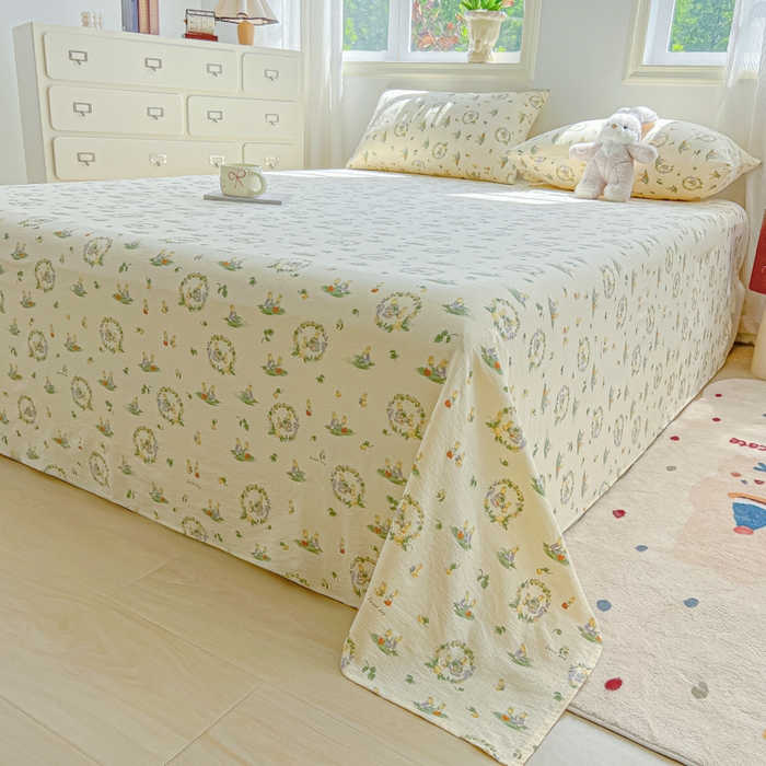 91家纺网 家纺一手货源 找家纺 罗亿家纺 2025新款云感双层纱碎花床单 兔子的欢喜