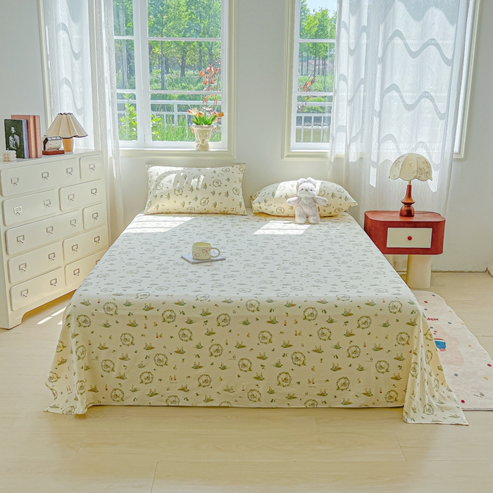 91家纺网 家纺一手货源 找家纺 罗亿家纺 2025新款云感双层纱碎花床单 兔子的欢喜