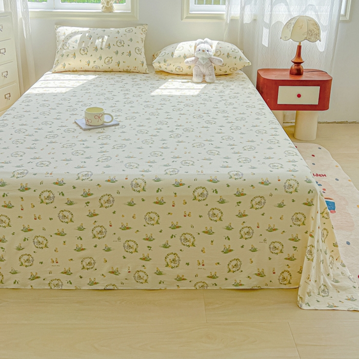 91家纺网 家纺一手货源 找家纺 罗亿家纺 2025新款云感双层纱碎花床单 兔子的欢喜