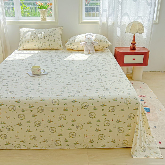 91家纺网 家纺一手货源 找家纺 罗亿家纺 2025新款云感双层纱碎花床单 兔子的欢喜