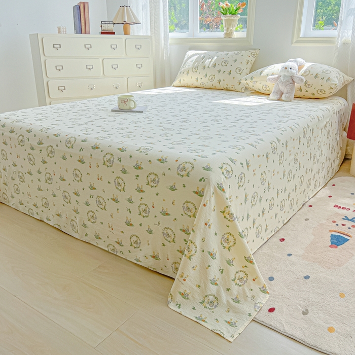 91家纺网 家纺一手货源 找家纺 罗亿家纺 2025新款云感双层纱碎花床单 兔子的欢喜