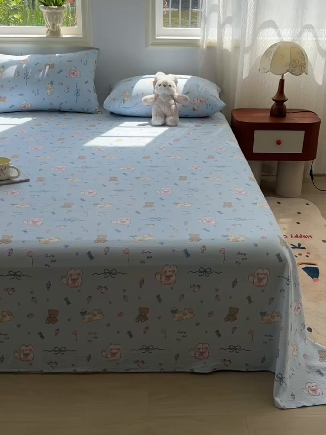 91家纺网 家纺一手货源 找家纺 罗亿家纺 2025新款云感双层纱碎花床单 小猫时光-蓝