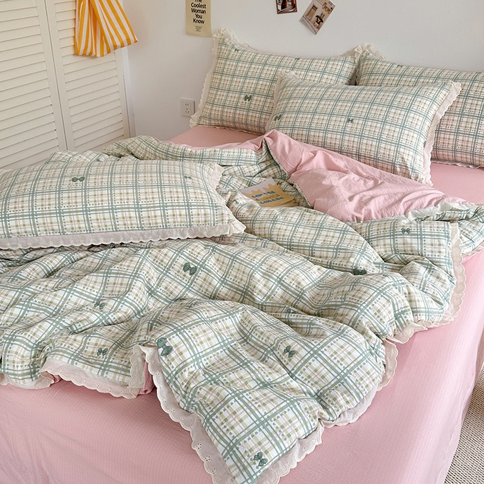 91家纺网 家纺一手货源 找家纺 （总）斯卡诺家纺 2025新款纯棉花边双层纱四件套水洗棉四件套