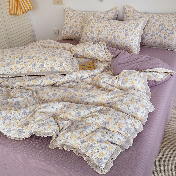 91家纺网 家纺一手货源 找家纺 （总）斯卡诺家纺 2025新款纯棉花边双层纱四件套水洗棉四件套