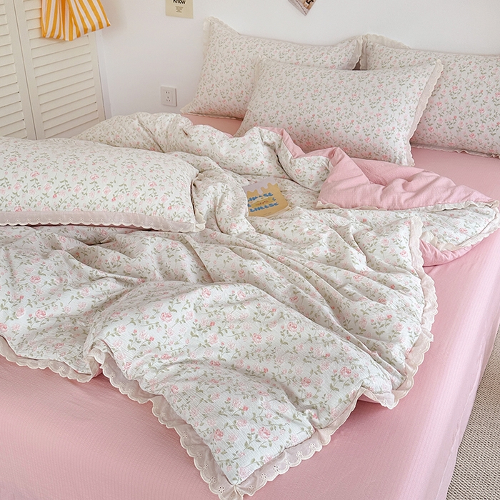 91家纺网 家纺一手货源 找家纺 （总）斯卡诺家纺 2025新款纯棉花边双层纱四件套水洗棉四件套