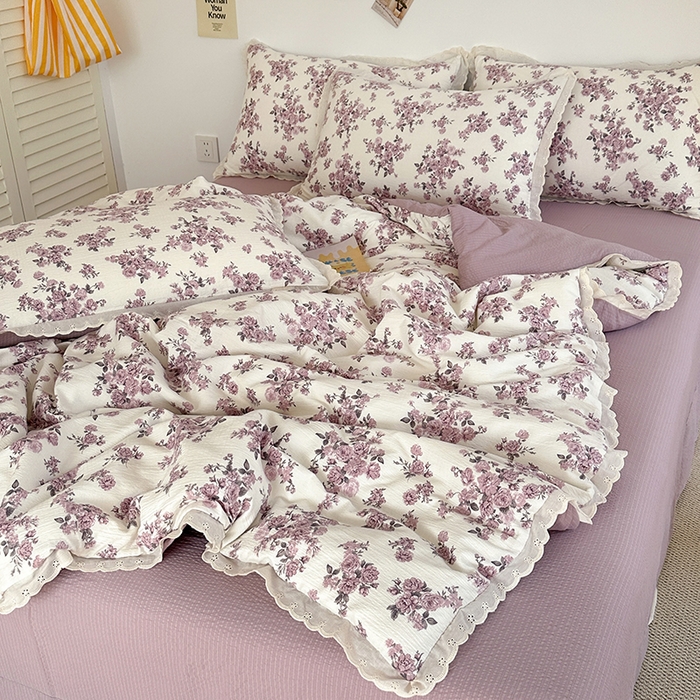 91家纺网 家纺一手货源 找家纺 （总）斯卡诺家纺 2025新款纯棉花边双层纱四件套水洗棉四件套