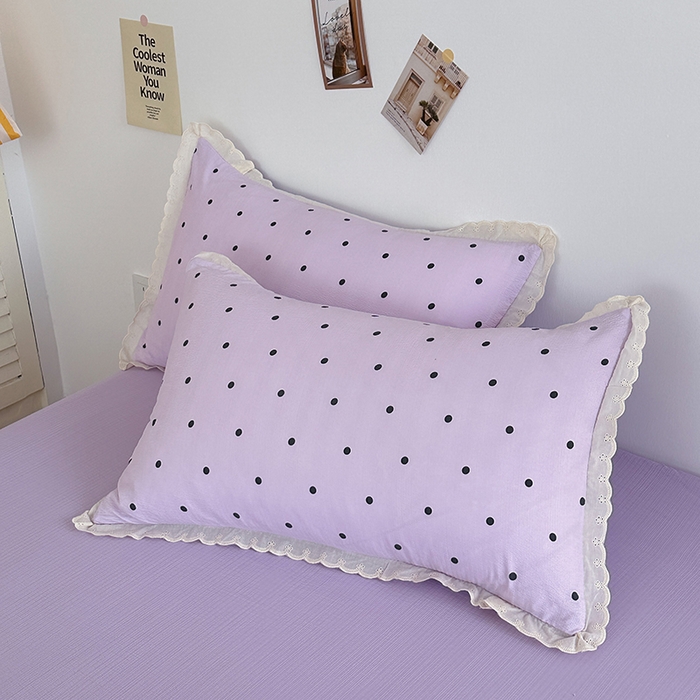 91家纺网 家纺一手货源 找家纺 斯卡诺家纺 2025新款纯棉花边双层纱四件套水洗棉四件套 波点-紫