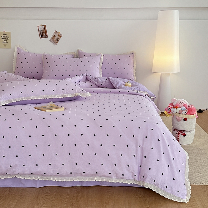 91家纺网 家纺一手货源 找家纺 斯卡诺家纺 2025新款纯棉花边双层纱四件套水洗棉四件套 波点-紫