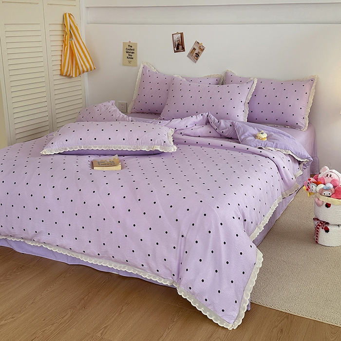 91家纺网 家纺一手货源 找家纺 斯卡诺家纺 2025新款纯棉花边双层纱四件套水洗棉四件套 波点-紫