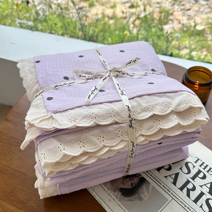 91家纺网 家纺一手货源 找家纺 斯卡诺家纺 2025新款纯棉花边双层纱四件套水洗棉四件套 波点-紫