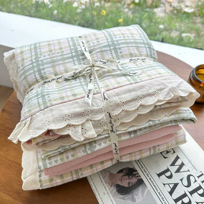 91家纺网 家纺一手货源 找家纺 斯卡诺家纺 2025新款纯棉花边双层纱四件套水洗棉四件套 蝶梦