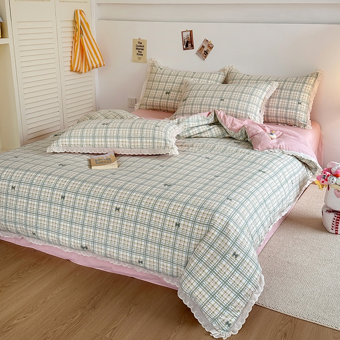 91家纺网 家纺一手货源 找家纺 斯卡诺家纺 2025新款纯棉花边双层纱四件套水洗棉四件套 蝶梦