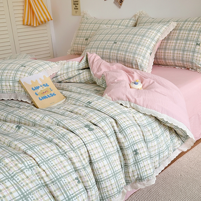 91家纺网 家纺一手货源 找家纺 斯卡诺家纺 2025新款纯棉花边双层纱四件套水洗棉四件套 蝶梦